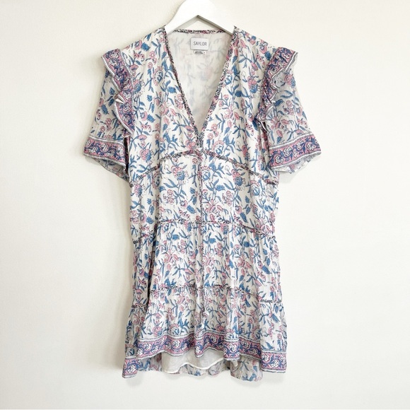 SAYLOR Evelynne Blockprint Floral Mini Tiered Dress Cotton Size Medium - Picture 2 of 9